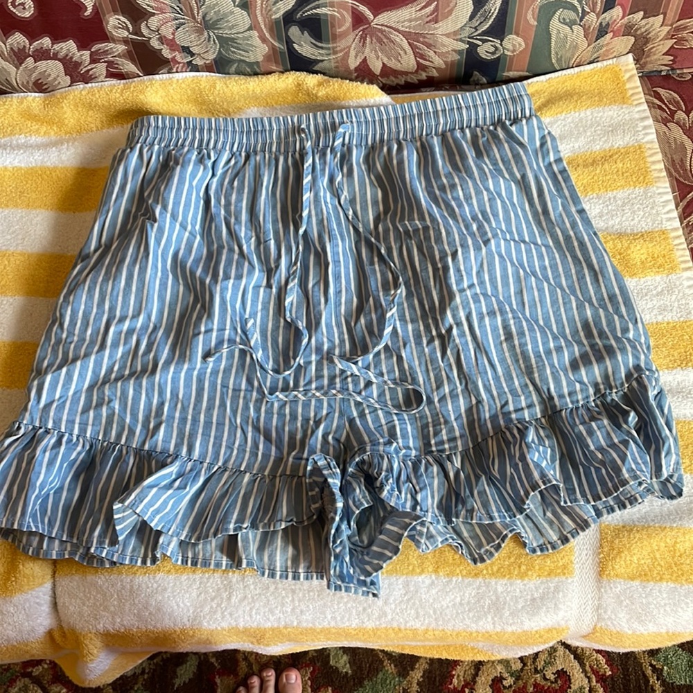 My Violet Blue High Waisted Pull On Pin Stripe Ruffle Shorts - Picture 3 of 5